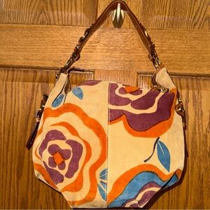 CapoVerso Italian Suede Floral Hobo Bag Cognac Leather Trim